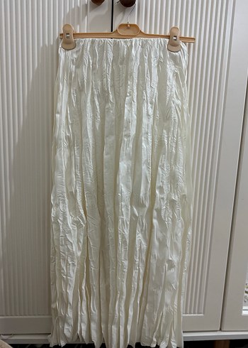Beyaz Uzun Keten Pilili Etek kırışık - Görsel 3