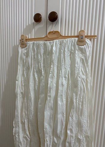 Beyaz Uzun Keten Pilili Etek kırışık - Görsel 6