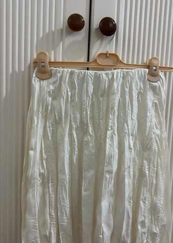 Beyaz Uzun Keten Pilili Etek kırışık - Görsel 5