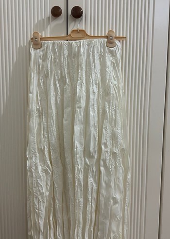 Beyaz Uzun Keten Pilili Etek kırışık - Görsel 2