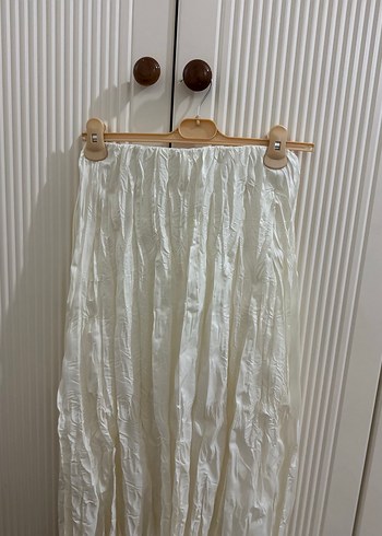 Beyaz Uzun Keten Pilili Etek kırışık - Görsel 7