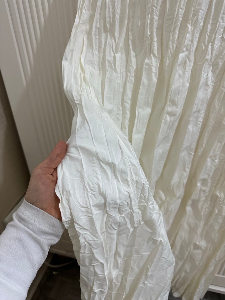 Beyaz Uzun Keten Pilili Etek kırışık - Görsel 4