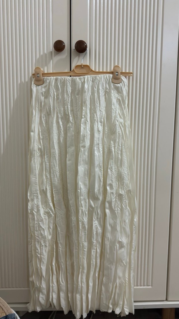 Beyaz Uzun Keten Pilili Etek kırışık - Görsel 2