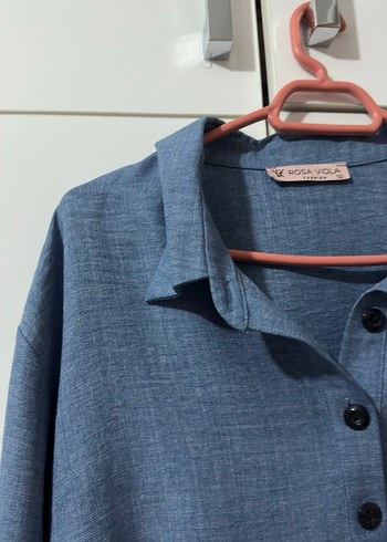 Düğmeli Mavi Keten Uzun Kollu Kadın Gömlek - Görsel 3