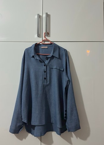 Düğmeli Mavi Keten Uzun Kollu Kadın Gömlek - Görsel 2