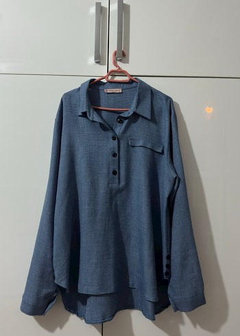 Düğmeli Mavi Keten Uzun Kollu Kadın Gömlek - Görsel 6