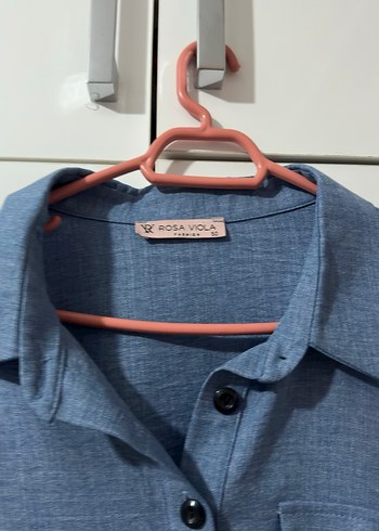 Düğmeli Mavi Keten Uzun Kollu Kadın Gömlek - Görsel 4