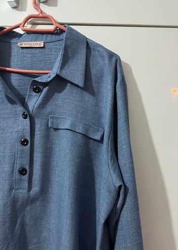 Düğmeli Mavi Keten Uzun Kollu Kadın Gömlek - Görsel 5