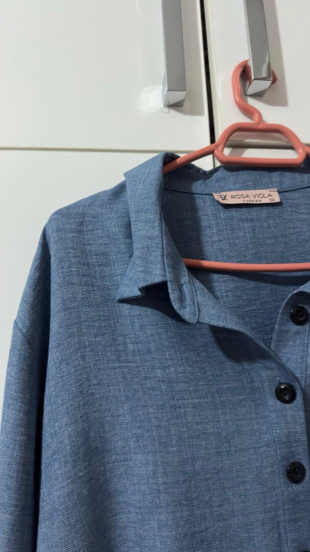 Düğmeli Mavi Keten Uzun Kollu Kadın Gömlek - Görsel 3