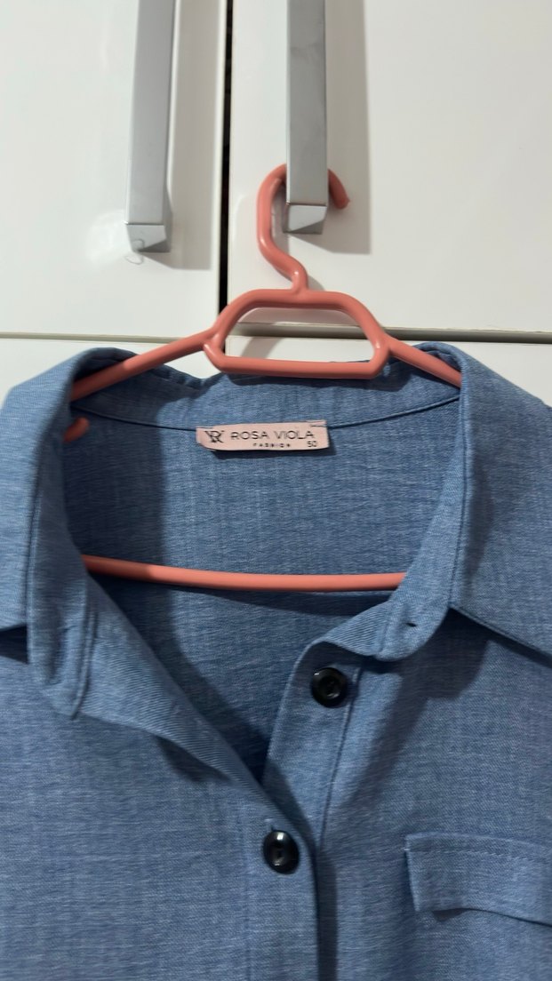 Düğmeli Mavi Keten Uzun Kollu Kadın Gömlek - Görsel 4