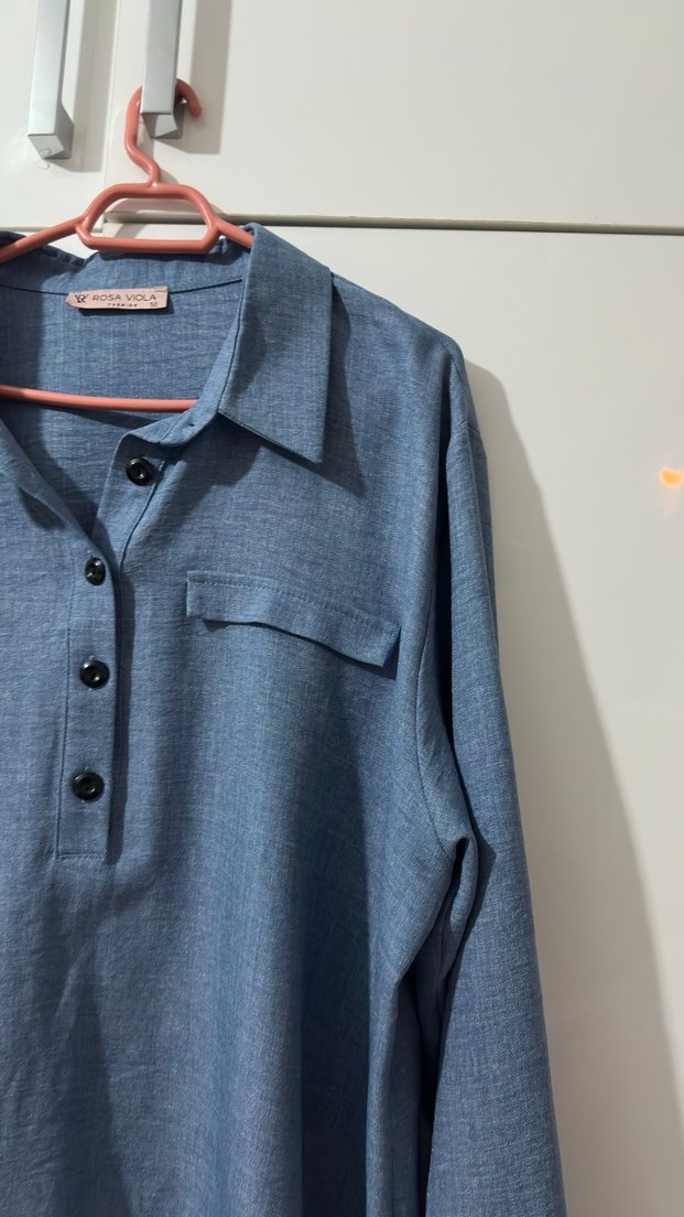 Düğmeli Mavi Keten Uzun Kollu Kadın Gömlek - Görsel 5