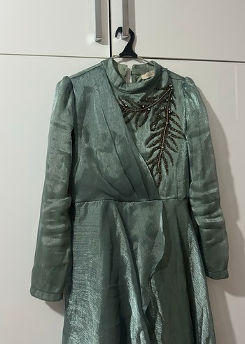 Uzun Kollu, İşlemeli, Yeşil Bohem Abiye Elbise - Görsel 5