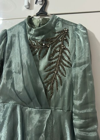 Uzun Kollu, İşlemeli, Yeşil Bohem Abiye Elbise - Görsel 4