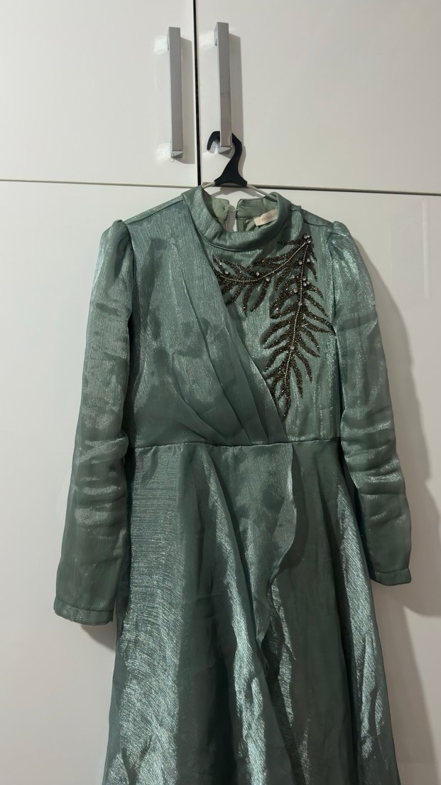 Uzun Kollu, İşlemeli, Yeşil Bohem Abiye Elbise - Görsel 5