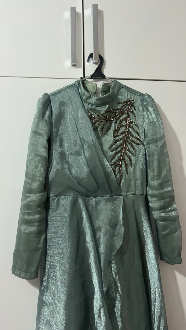 Uzun Kollu, İşlemeli, Yeşil Bohem Abiye Elbise - Görsel 3