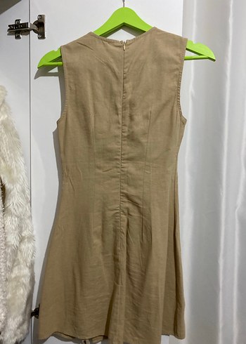 Bej Kolsuz Midi Keten Elbise - Görsel 3