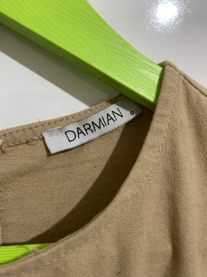 Bej Kolsuz Midi Keten Elbise - Görsel 2