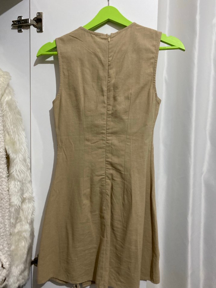 Bej Kolsuz Midi Keten Elbise - Görsel 3