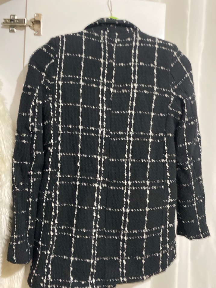 Düğmeli Siyah Ekose Mini Kadın Blazer - Görsel 3