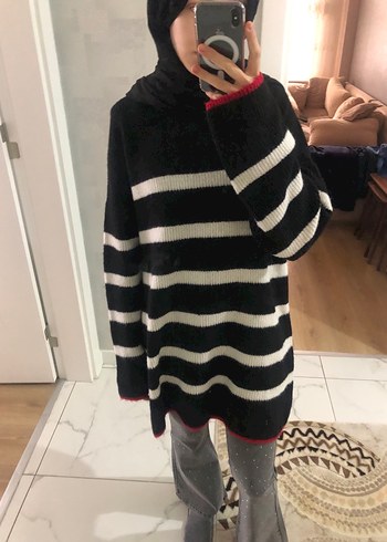 Çizgili Siyah Midi Örgü Kazak - Görsel 2