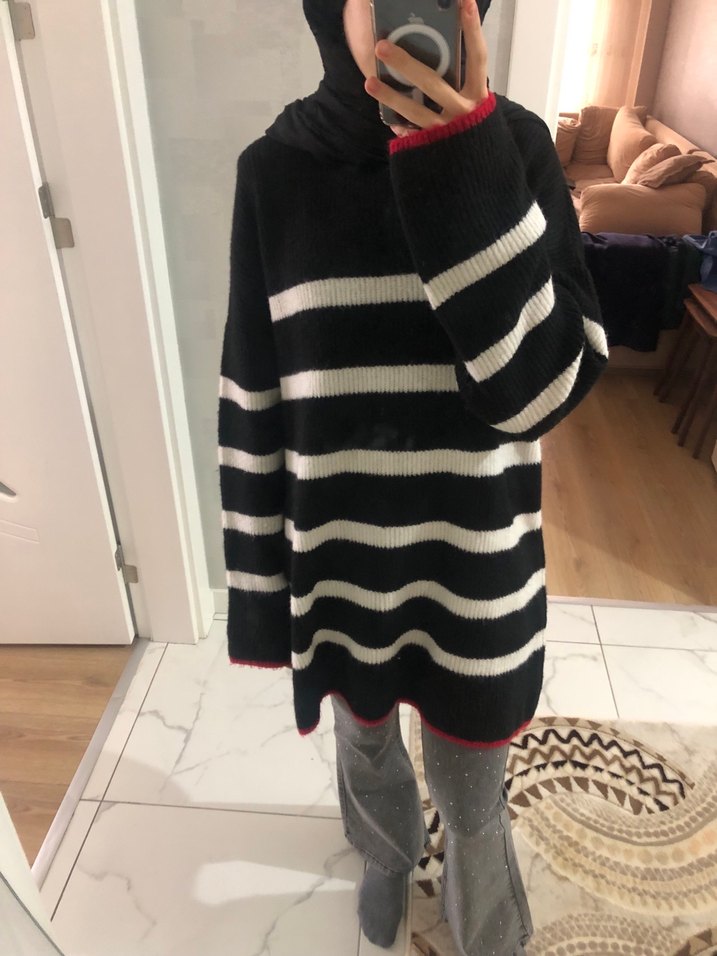 Çizgili Siyah Midi Örgü Kazak - Görsel 3