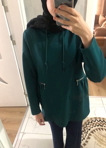 Koyu Yeşil kapüşonlu Yüksek Yakalı Kadın tunik - Görsel 3