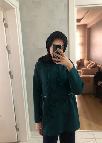 Koyu Yeşil kapüşonlu Yüksek Yakalı Kadın tunik - Görsel 2