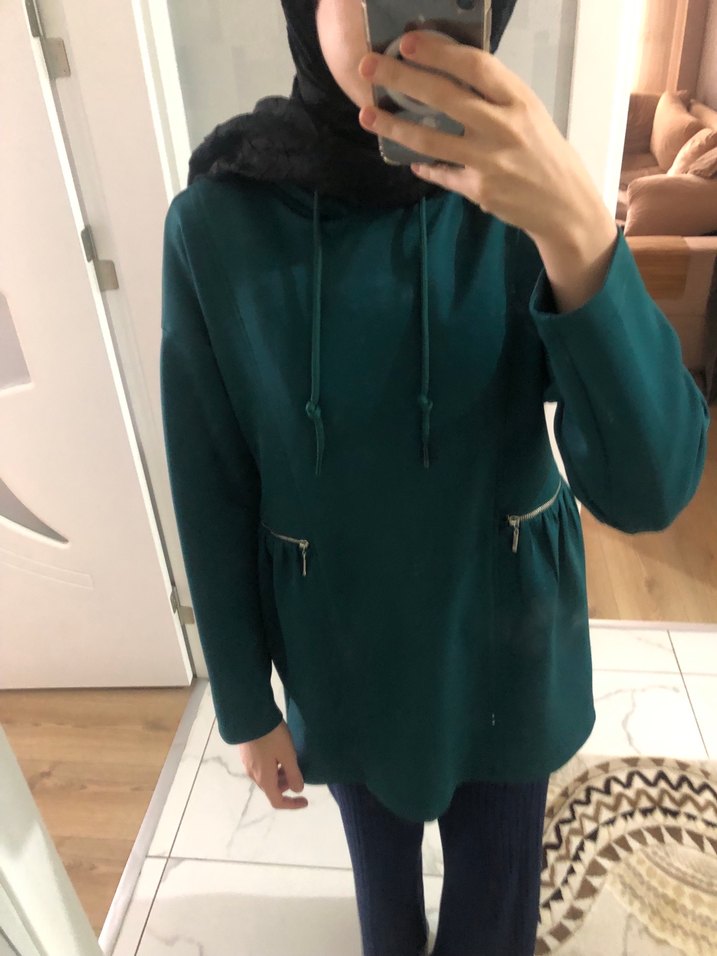 Koyu Yeşil kapüşonlu Yüksek Yakalı Kadın tunik - Görsel 3