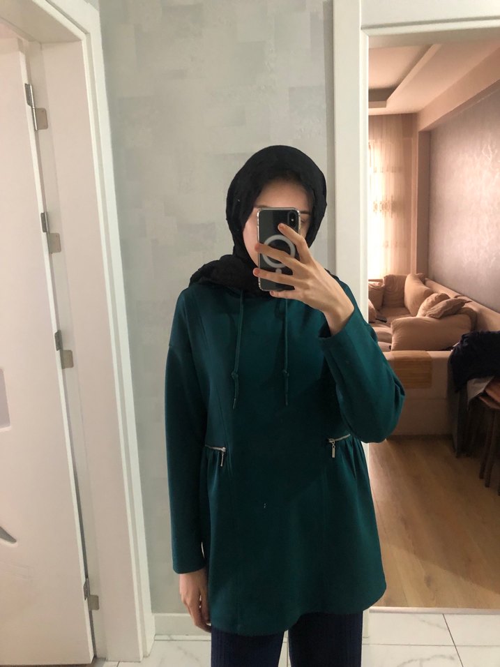 Koyu Yeşil kapüşonlu Yüksek Yakalı Kadın tunik - Görsel 2