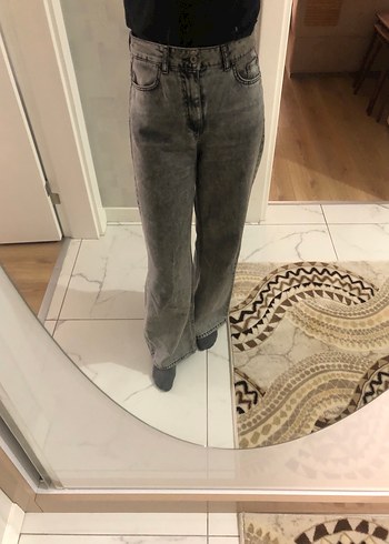 Gri Bol Kesim  Denim Kadın Pantolon - Görsel 3