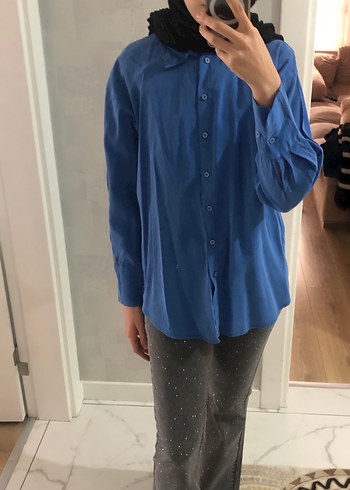 Düğmeli Mavi Kadın Keten Gömlek - Görsel 3