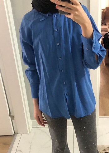 Düğmeli Mavi Kadın Keten Gömlek - Görsel 2