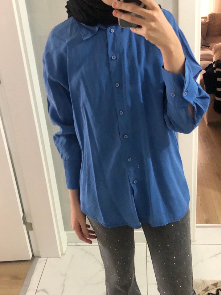 Düğmeli Mavi Kadın Keten Gömlek - Görsel 2