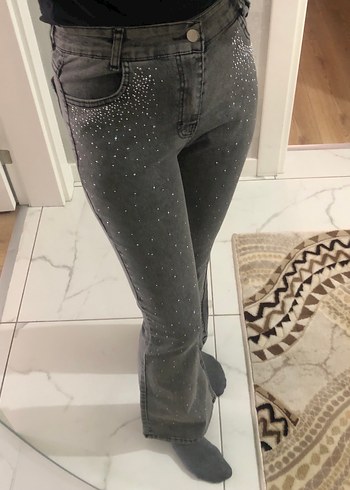 Gri Payetli Bol Kesim Kot Pantolon - Görsel 2
