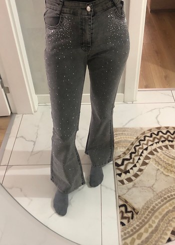 Gri Payetli Bol Kesim Kot Pantolon - Görsel 3