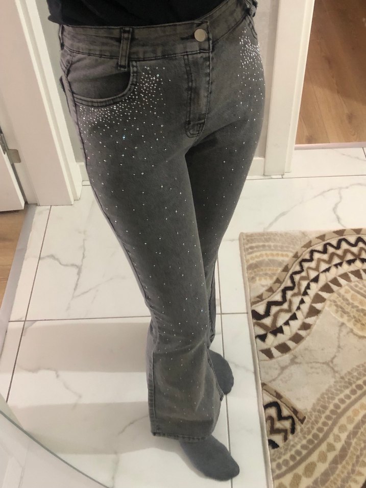 Gri Payetli Bol Kesim Kot Pantolon - Görsel 2