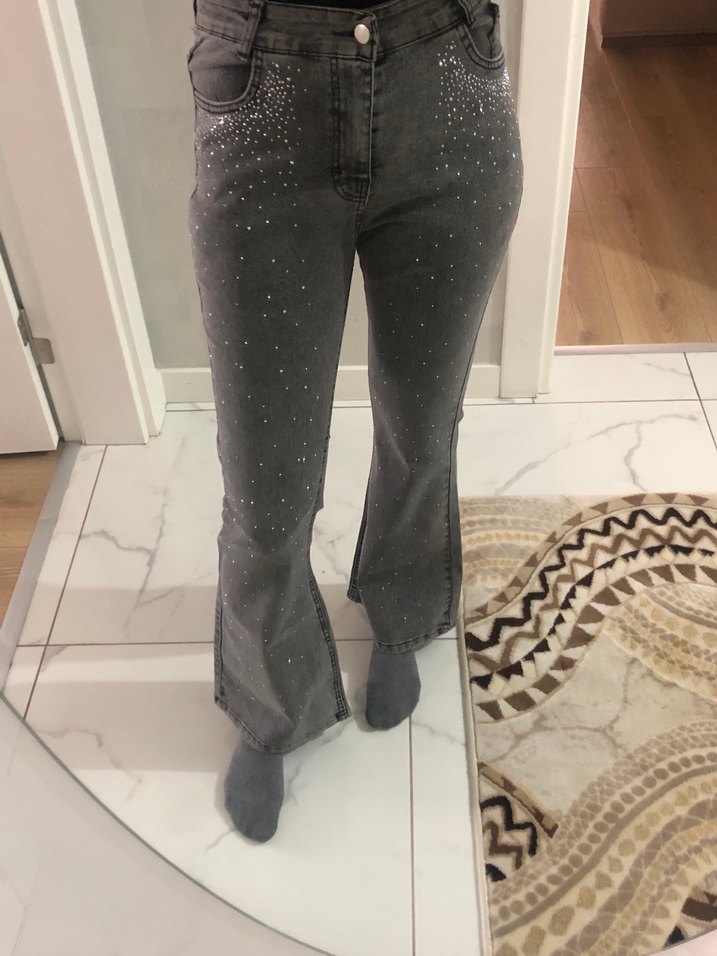 Gri Payetli Bol Kesim Kot Pantolon - Görsel 3