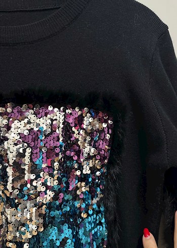 Kadın Siyah Payetli Uzun Kollu Triko - Görsel 4