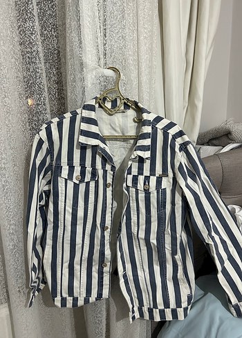 Düğmeli Çizgili Salaş Kadın Denim Ceket