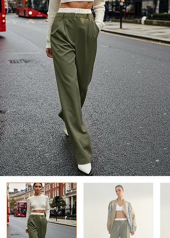 Zara Kemerli Haki Kadın Kumaş Pantolon