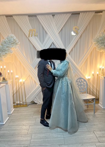 Uzun Kemerli Su yeşili Drape Detaylı Nişan Elbisesi
