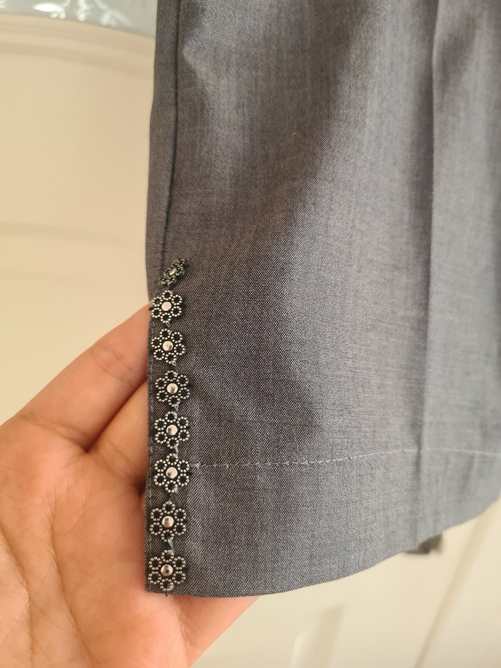 Gri Kadın Keten kısa  Kumaş Pantolon - Görsel 3