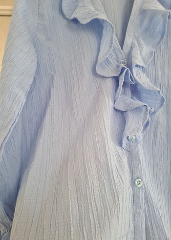 Mavi Keten Kadın Gömlek Volanlı V Yaka - Görsel 3