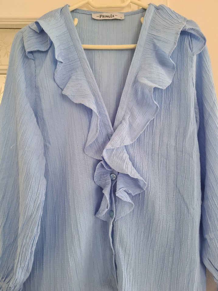 Mavi Keten Kadın Gömlek Volanlı V Yaka - Görsel 2