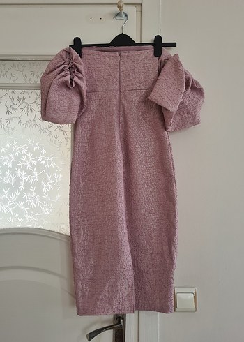 Pudra Pembe Drapeli Straplez Midi Elbise - Görsel 3