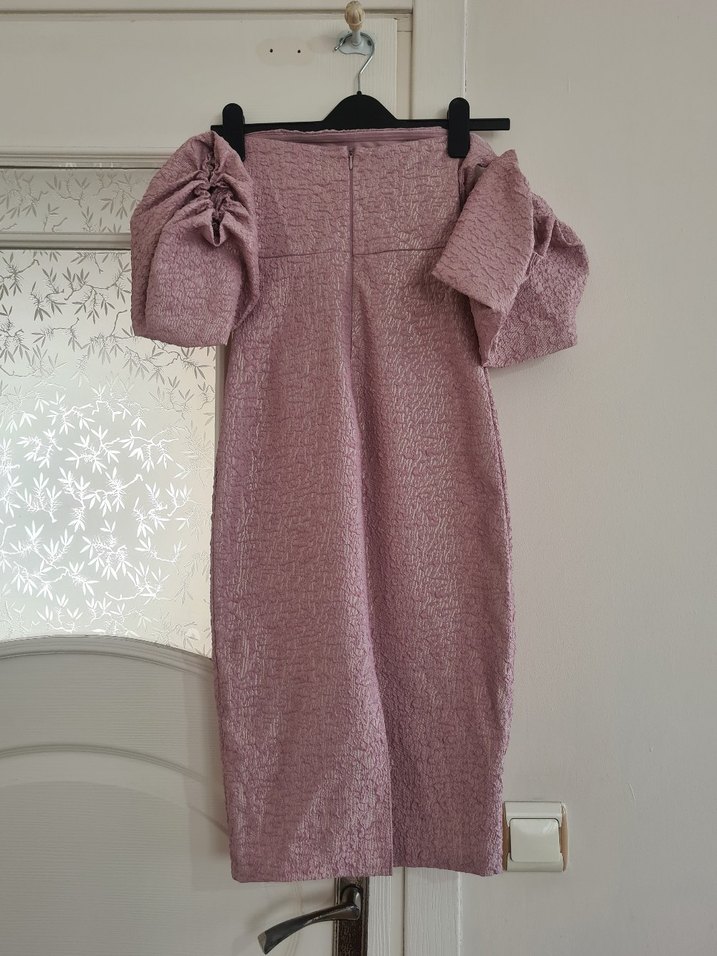 Pudra Pembe Drapeli Straplez Midi Elbise - Görsel 3