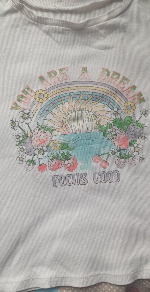 Beyaz Baskılı Kız Tişörtü, Kısa Kollu, Bol Kesim - Görsel 2