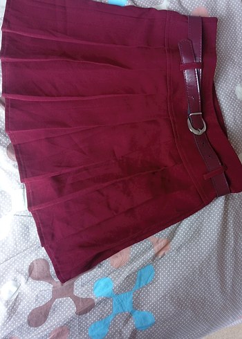 kemerli pileli günlük mini bordo etek - Görsel 5