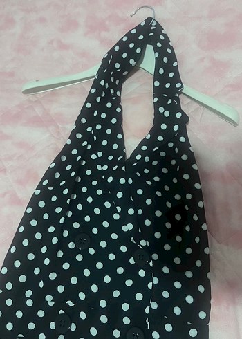 Siyah Puantiyeli Kemerli Kadın Uzun Tulum - Görsel 8