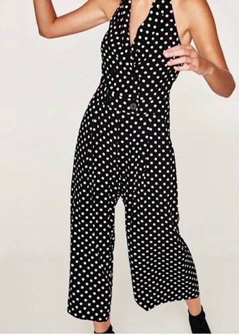 Siyah Puantiyeli Kemerli Kadın Uzun Tulum - Görsel 2